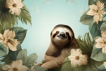 Obraz premium Lazy Sloth animal funny. Face wild smile. Generate Ai