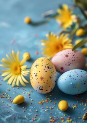 Easter decoration colorful eggs on blue background with copy space. Beautiful colorful easter eggs. Happy Easter. Isolated.	