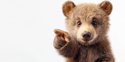 cute little bear cub points finger at a copy space on white isolated background