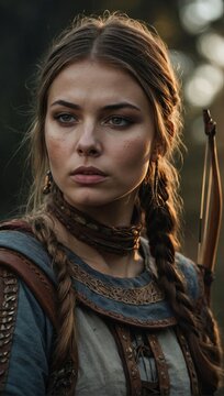 portrait photo of caucasian archer  girl, wearing middle century archer clothes, minimal tattos on face