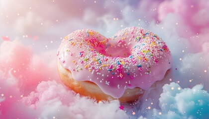 Whimsical heart-shaped donut with pastel icing and sprinkles, against a dreamy backdrop, evoking sweetness and love 💖🍩✨
