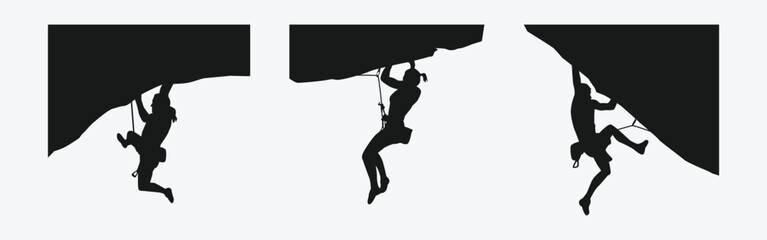 Vector set silhouette of climbing sport, mountain rock climber. Extreme sport concept. Isolated background. Vector illustration.