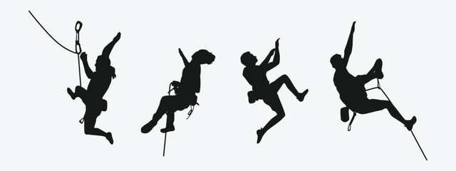 Vector set silhouette of climbing sport, mountain rock climber. Extreme sport concept. Isolated background. Vector illustration.