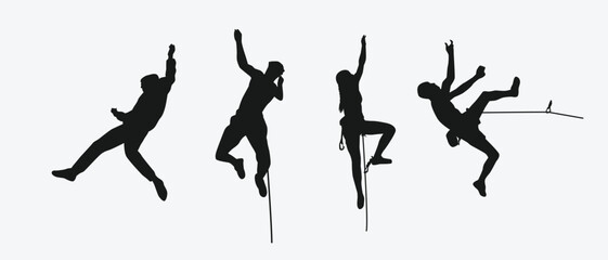 Vector set silhouette of climbing sport, mountain rock climber. Extreme sport concept. Isolated background. Vector illustration.