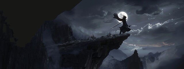 a long haired figure swings his sword as him loosing balance, falling off the cliff, dark night on cliff top, ancient China setting - obrazy, fototapety, plakaty