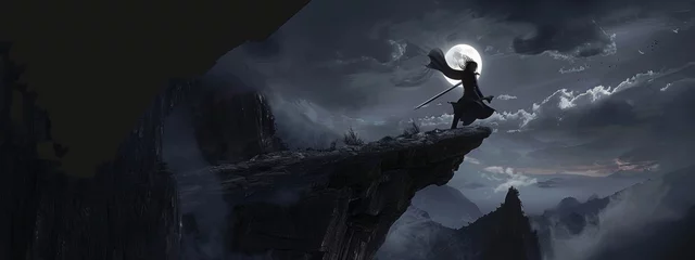 Foto op Aluminium a long haired figure swings his sword as him loosing balance, falling off the cliff, dark night on cliff top, ancient China setting © paisorn