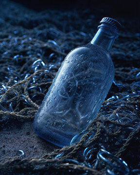 Blue plastic bottle is on the beach and surrounded by fishing nets.