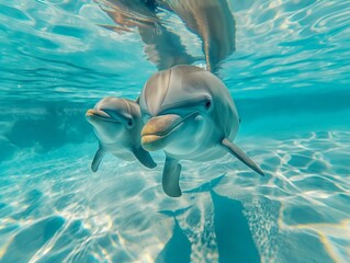 Two dolphins swimming close together in clear blue water, showcasing bonding and playfulness.