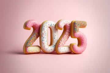 Generated image Number 2025 made of donuts, joyful New Year concept