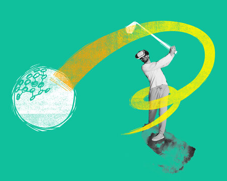 Contemporary art collage. Young man wearing VR glasses in black and white filter playing golf in motion. Concept of augmented reality, video games, future technology, AI. Abstract painted design.