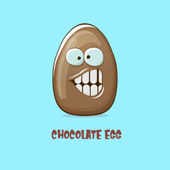 Cartoon chocolate easter egg cartoon characters isolated on blue background. My name is egg vector concept illustration. funky sweet chocolate easter egg character with eyes and mouth