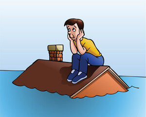 illustration of a man sitting on the roof of a house that is being hit by a natural flood disaster