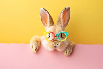 Obraz premium Easter bunny peeps out of the pink wall.