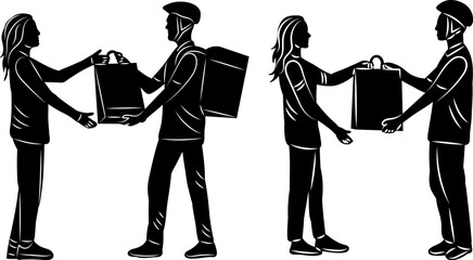men delivering gift to woman silhouette, vector