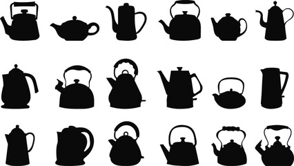 teapots, set, collection, vector, silhouette