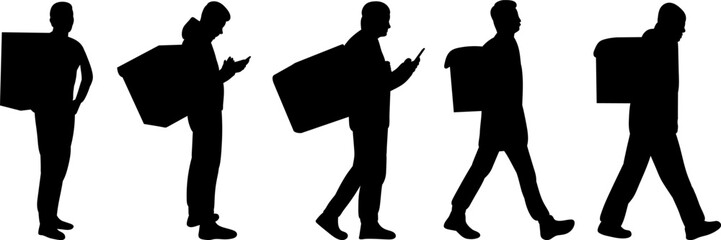 men delivering food, couriers, set, collection, vector, silhouette