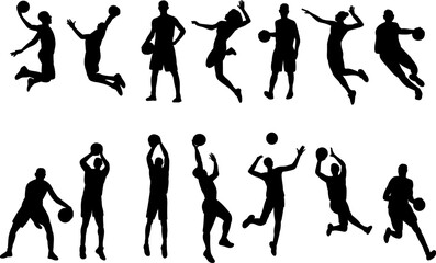 basketball players, men playing basketball, set, collection, vector, silhouette