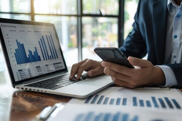 Businessman analyzing investment charts with laptop and mobile phone. Investment and trading concept