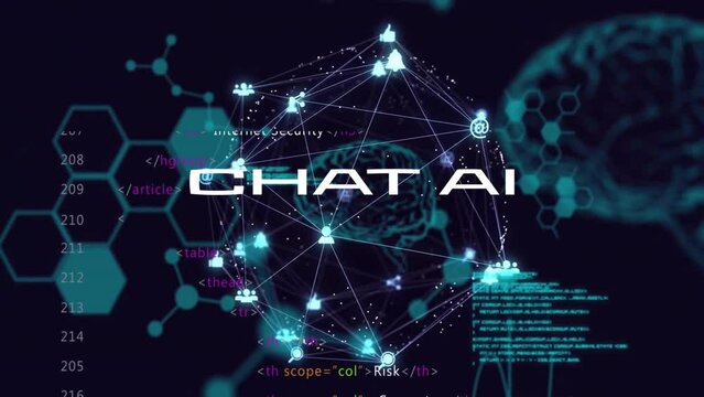 Animation of data processing and chat ai text over media icons and brains