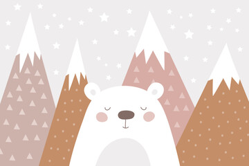 Hand drawn design with mountains and bear. For children's wallpapers. Baby room design. Vector - 756319062