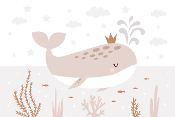 Hand drawn design with cute whale. For children's wallpapers  in scandinavian style. Baby room design. Vector - 756319075
