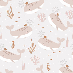 Seamless pattern with cute whales. Pattern for children. Hand drawn design in scandinavian style. Vector - 756319084