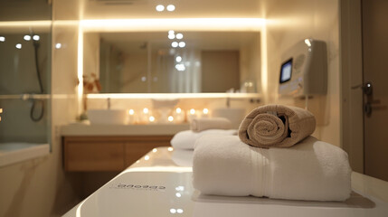 Beautiful composition with spa towels in a pretty room, closeup. Place for text