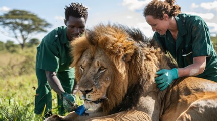 A majestic lion with a golden mane, being treated by a team of skilled veterinarians in a lush...