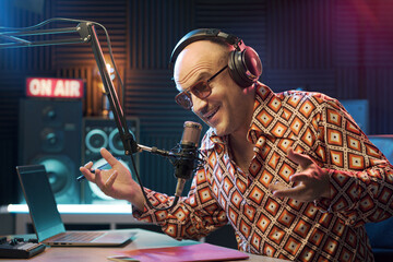 Host working at the radio broadcasting studio