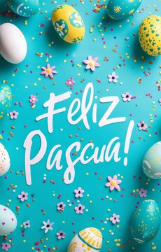 Feliz Pascua - Happy Easter in Spanish. Abstract background with painted Easter eggs and flowers. Easter concept background. Lettering calligraphy text.