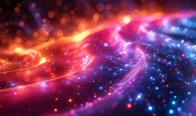 Abstract bright cosmic background with glowing particles with shining bokeh sparkles and waves. The energy of the universe big bang miracle miracle. Background with glowing dust particles