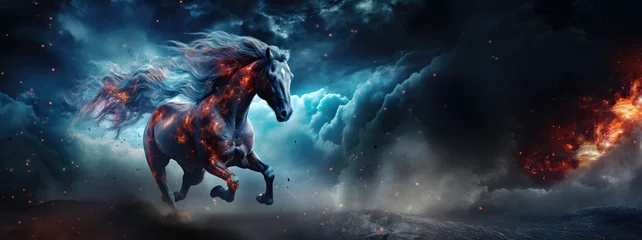 Fototapeten Majestic horse gallops through cosmos, mane flowing with ethereal colors, stars and nebulae in background, embodying celestial spirit, fantasy, vibrant. © Shaman4ik