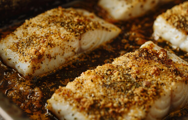 Baked fish fillets with breadcrumbs and spices in baking tray