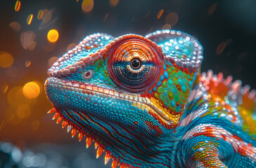 Fototapeta premium Colorful chameleon is staring at the camera.