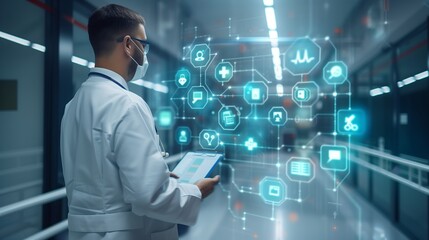 Medicine doctor with digital medical interface icons in hospital
