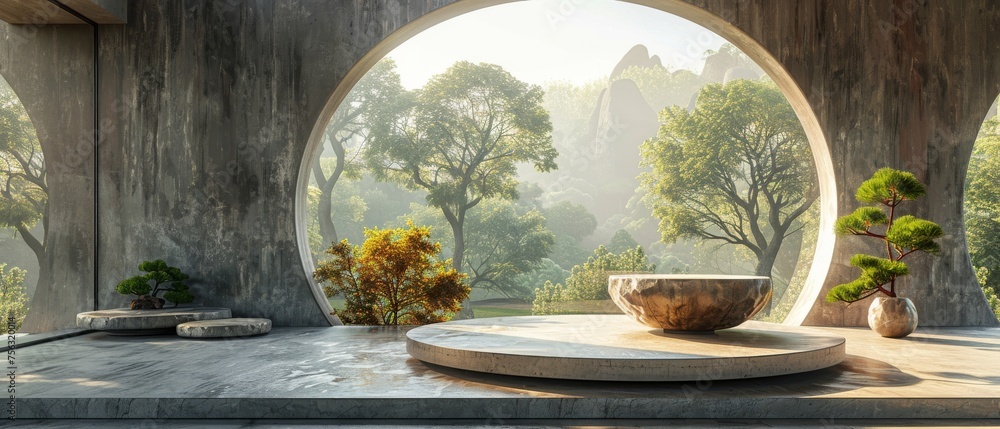 Poster Detailed rendering of an empty concrete room with a large circular window and a round podium for product presentation with a natural background.