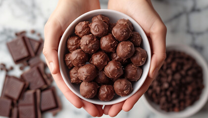 World Chocolate Day. Balls of dark chocolate in white plate in hands.  - Powered by Adobe