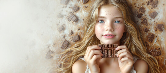World Chocolate Day. Cute blonde girl eating chocolate bars. Banner, copy space - obrazy, fototapety, plakaty