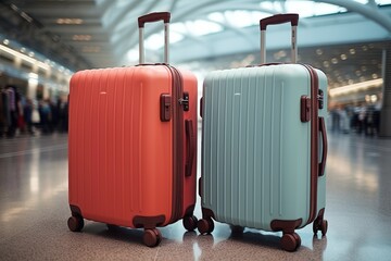 Suitcases in the departure hall of the airport. Summer vacation concept. - obrazy, fototapety, plakaty