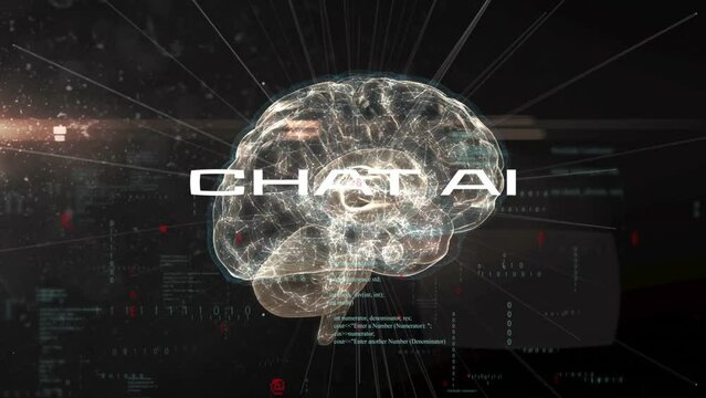 Animation of data processing and chat ai text over brain