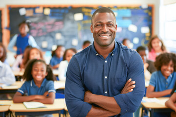 Fototapeta premium Happy teacher standing in a class with crossed arms in front of his students and looking at the camera. Portrait of confident teacher with students studying in background.
