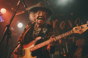 Obraz premium a grandmother playing an electric guitar on stage, channeling her inner rock star as she screams a song with passion and energy