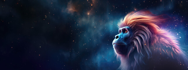 Monkey against cosmic background with space, stars, nebulae, vibrant colors, flames; digital art in fantasy style, featuring astronomy elements, celestial themes, interstellar ambiance