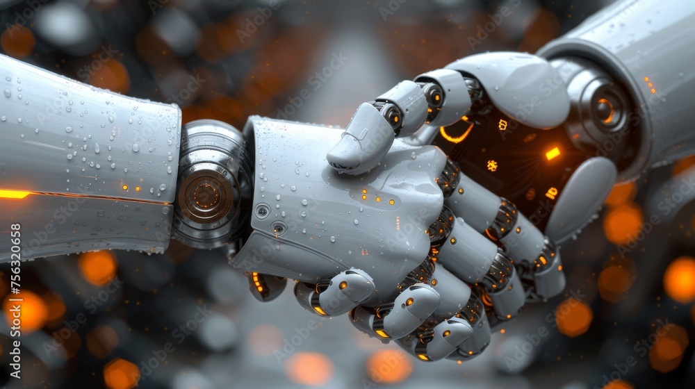 Poster robot shaking hands. handshake moves. vector illustration. isolated on white.