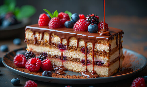 Slice of layered chocolate cake with fresh berries and chocolate sauce on plate