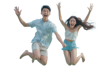 Jumping energetic Asian couple in summer beach casual clothes isolated on light blue background