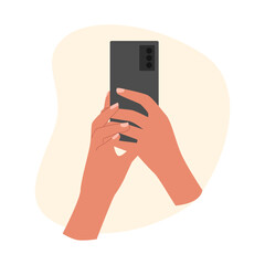 Female Hands Hold a Smartphone. Takes a Picture. Vector Illustration in Flat Style.