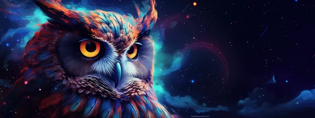 Schilderijen op glas Majestic and wisdom owl on cosmic background with space, stars, nebulae, vibrant colors, flames  digital art in fantasy style, featuring astronomy elements, celestial themes, interstellar ambiance © Shaman4ik