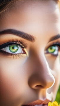 female green eyes in close-up. healthy eyesight. vision correction. hypoallergenic cosmetics