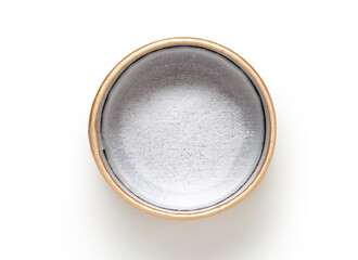 golden paper can for tea packaging isolated on white background, top view